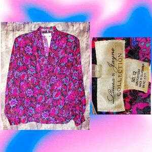 Laura & Jayne Collection Black/Multiclr Filigree Floral Woven Satin Blouse Sz 12